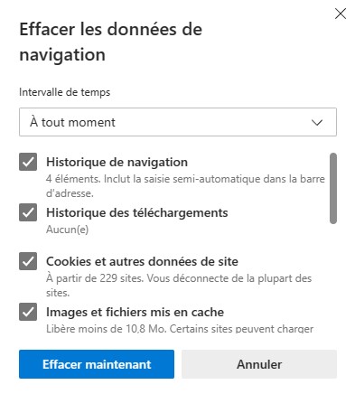 Effacer le cache de Microsoft Edge